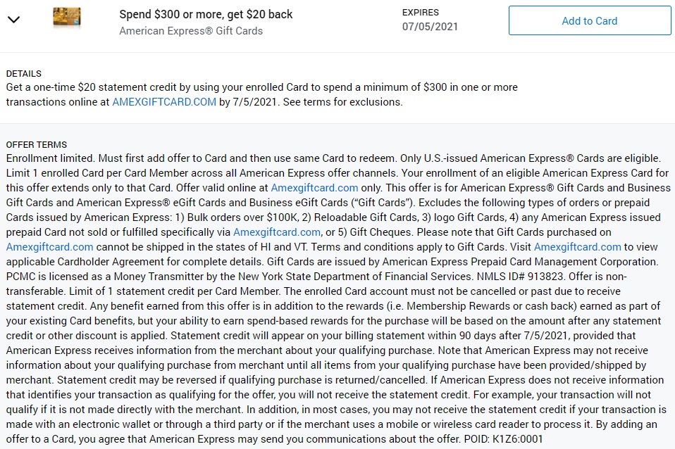 American Express Gift Cards Amex Offer Spend $300 Get $20 Back