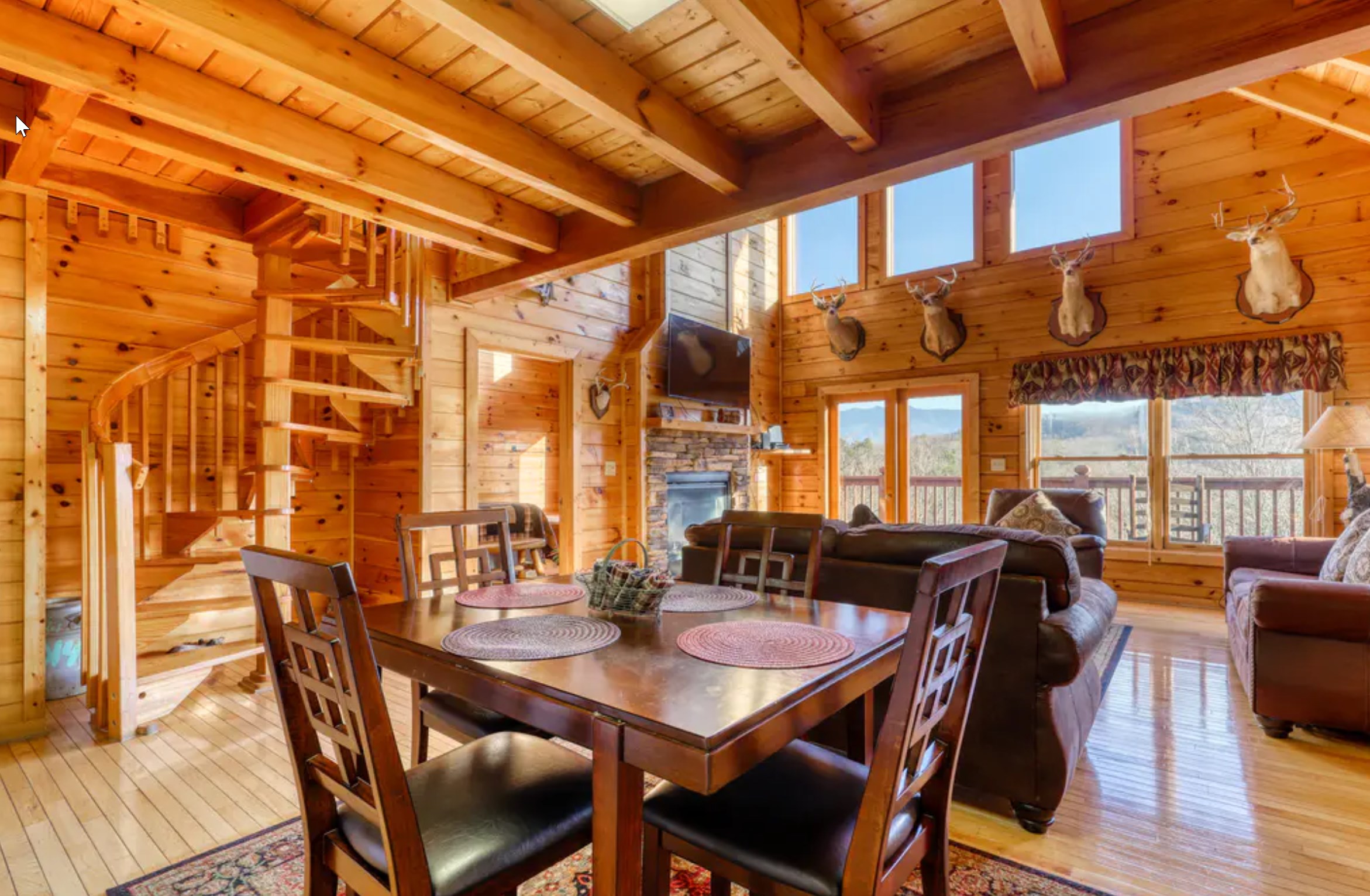 a dining table in a log cabin