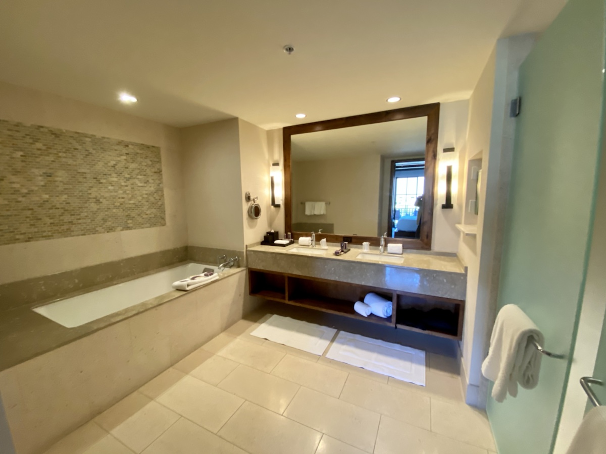 a bathroom with a large mirror and a tub