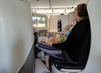 a woman and a child on an airplane