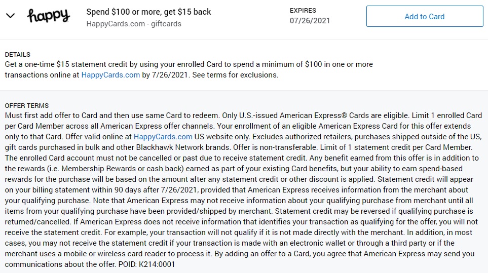 Happy Cards Amex Offer Spend $100 Get $15 Back