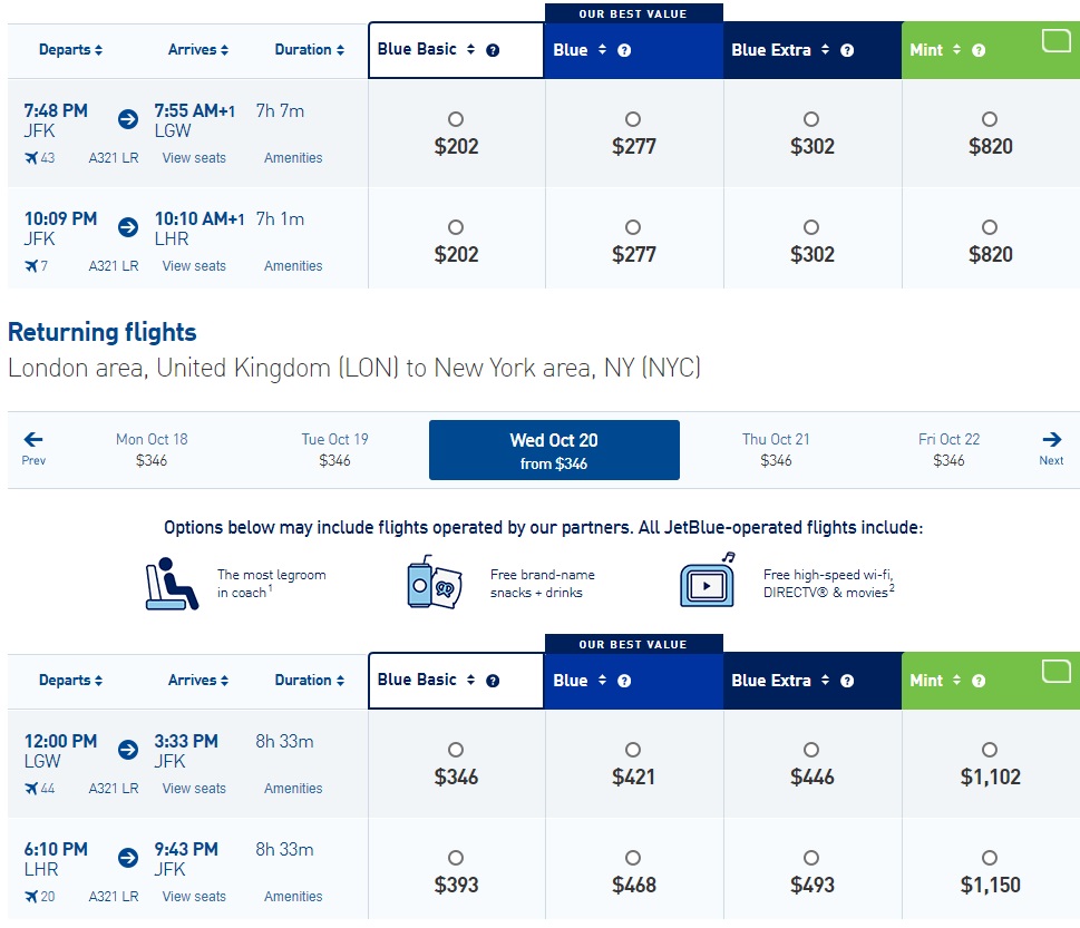 JetBlue NYC-LON pricing