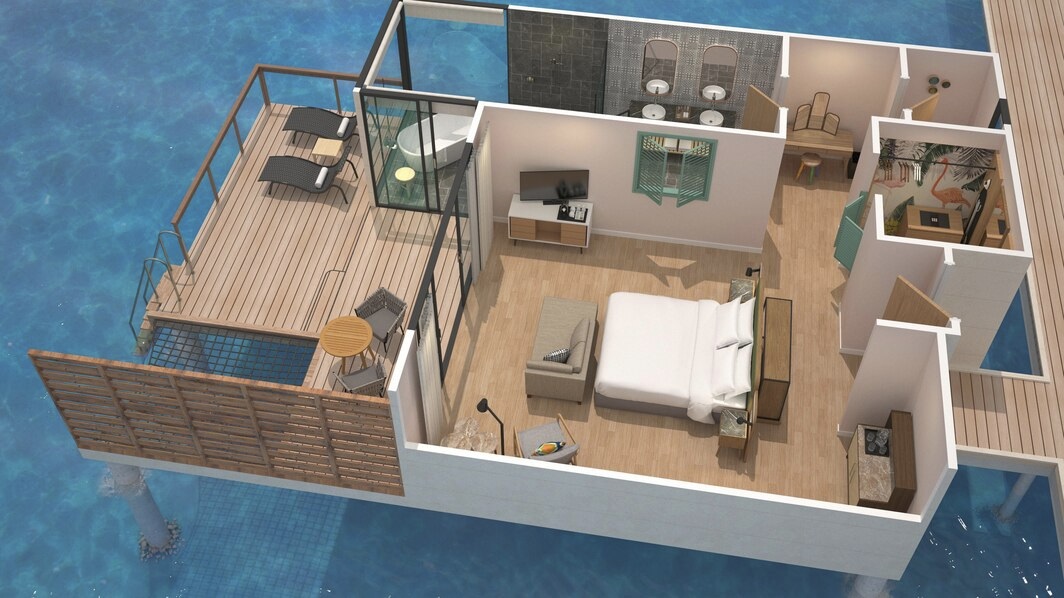 a 3d rendering of a room with a pool