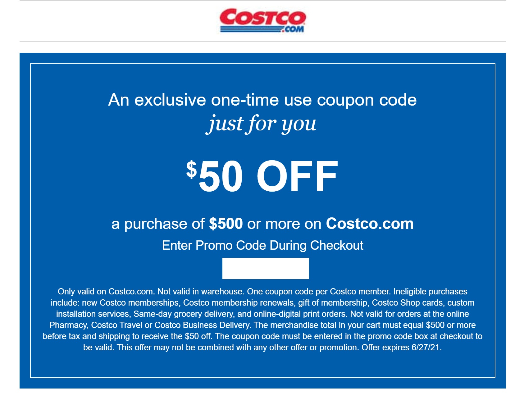 a blue coupon with white text