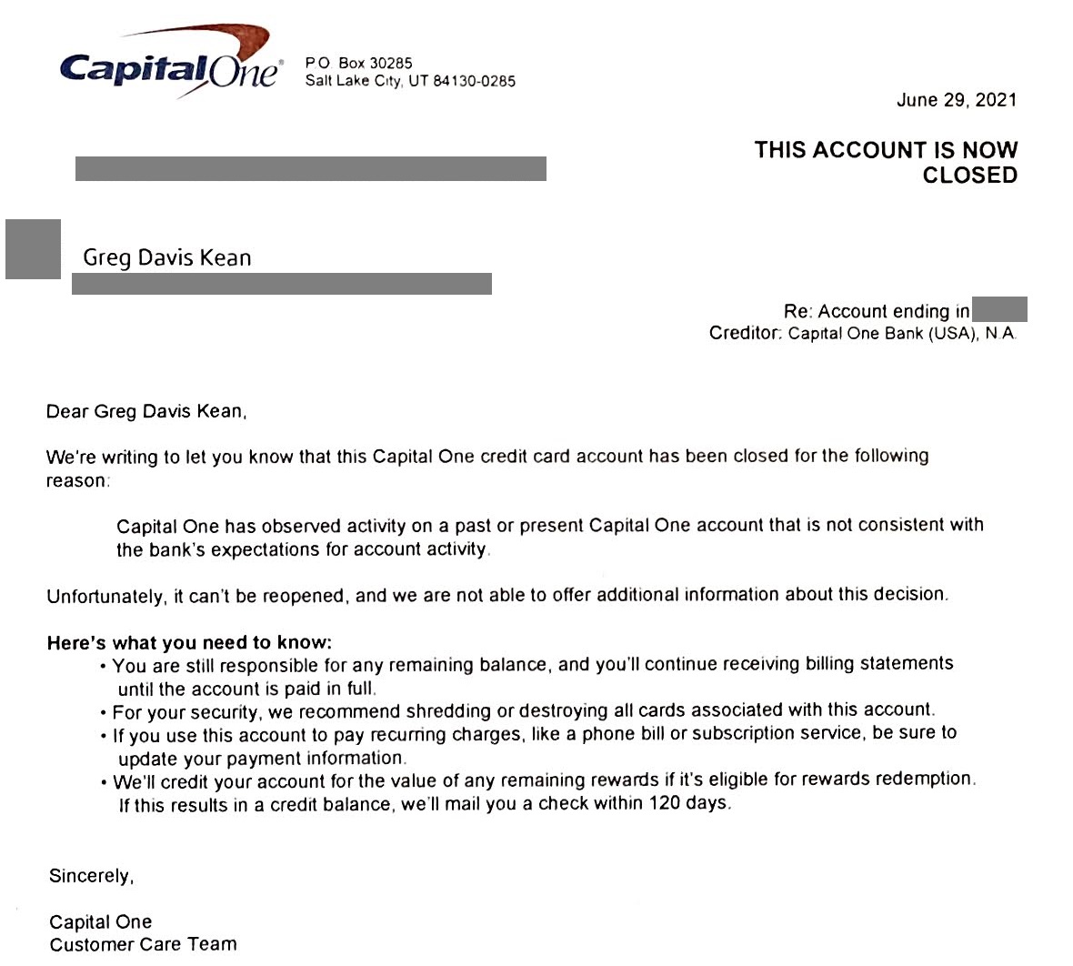 Capital One shut down my account and gave me only a half cent per mile