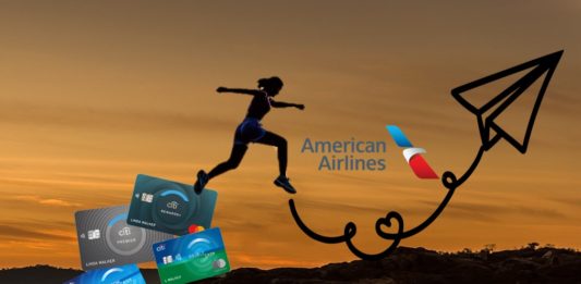 a woman jumping over a line of credit cards