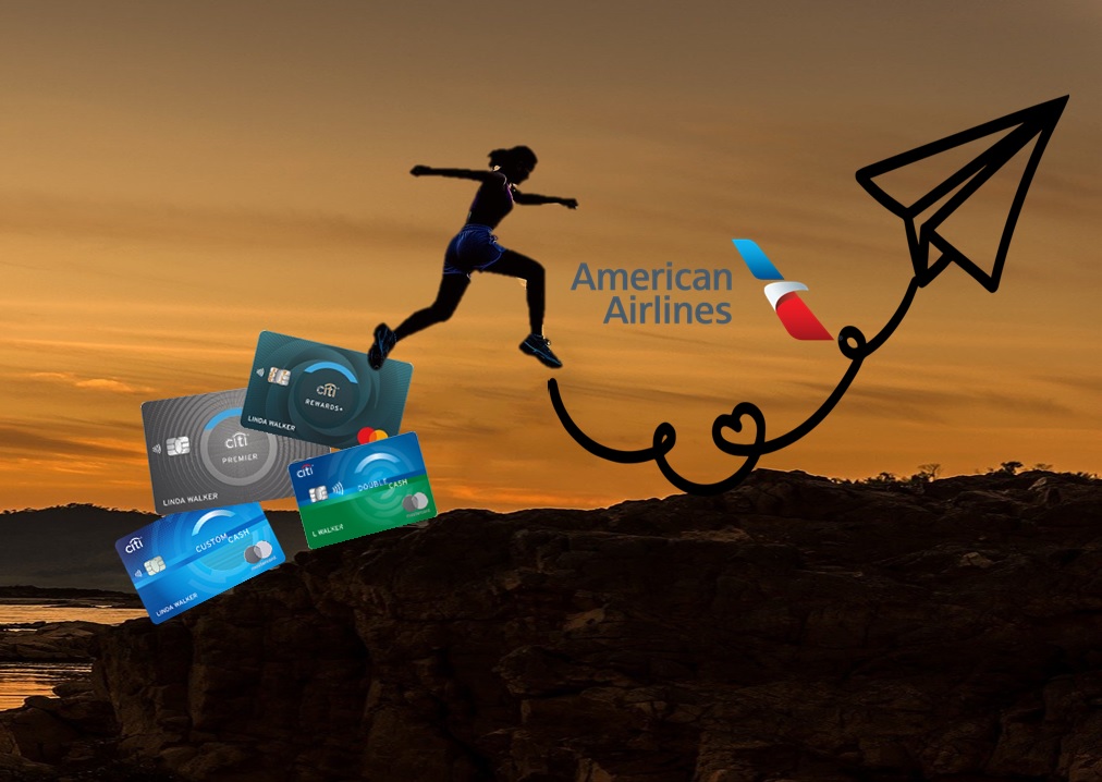 a woman jumping over a line of credit cards