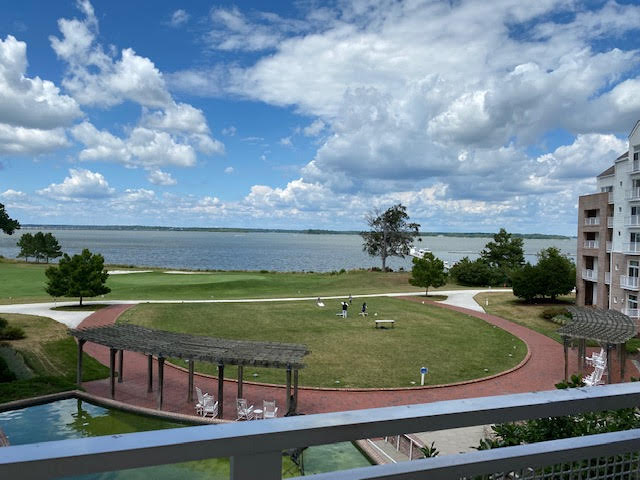a view of a park and a body of water from a balcony