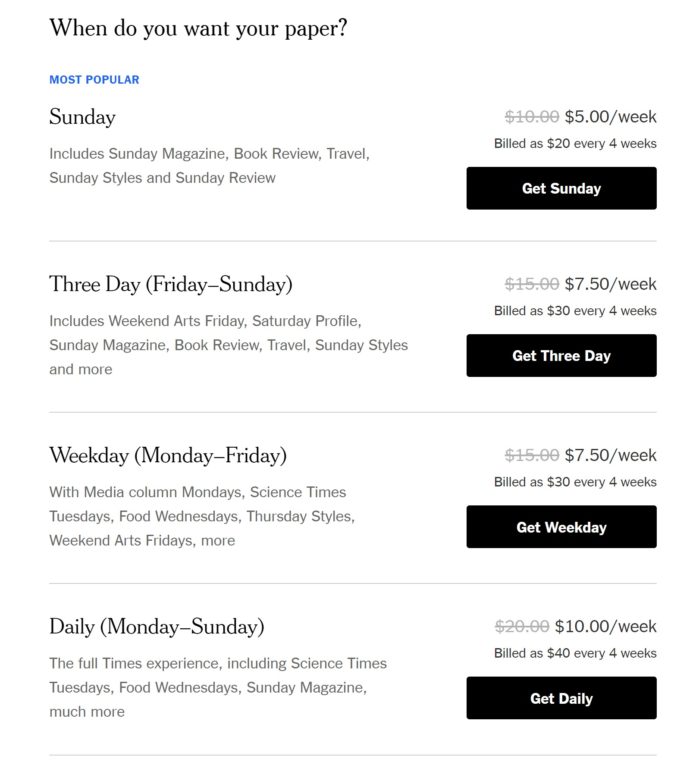 Get the print edition of the New York Times with your digital
