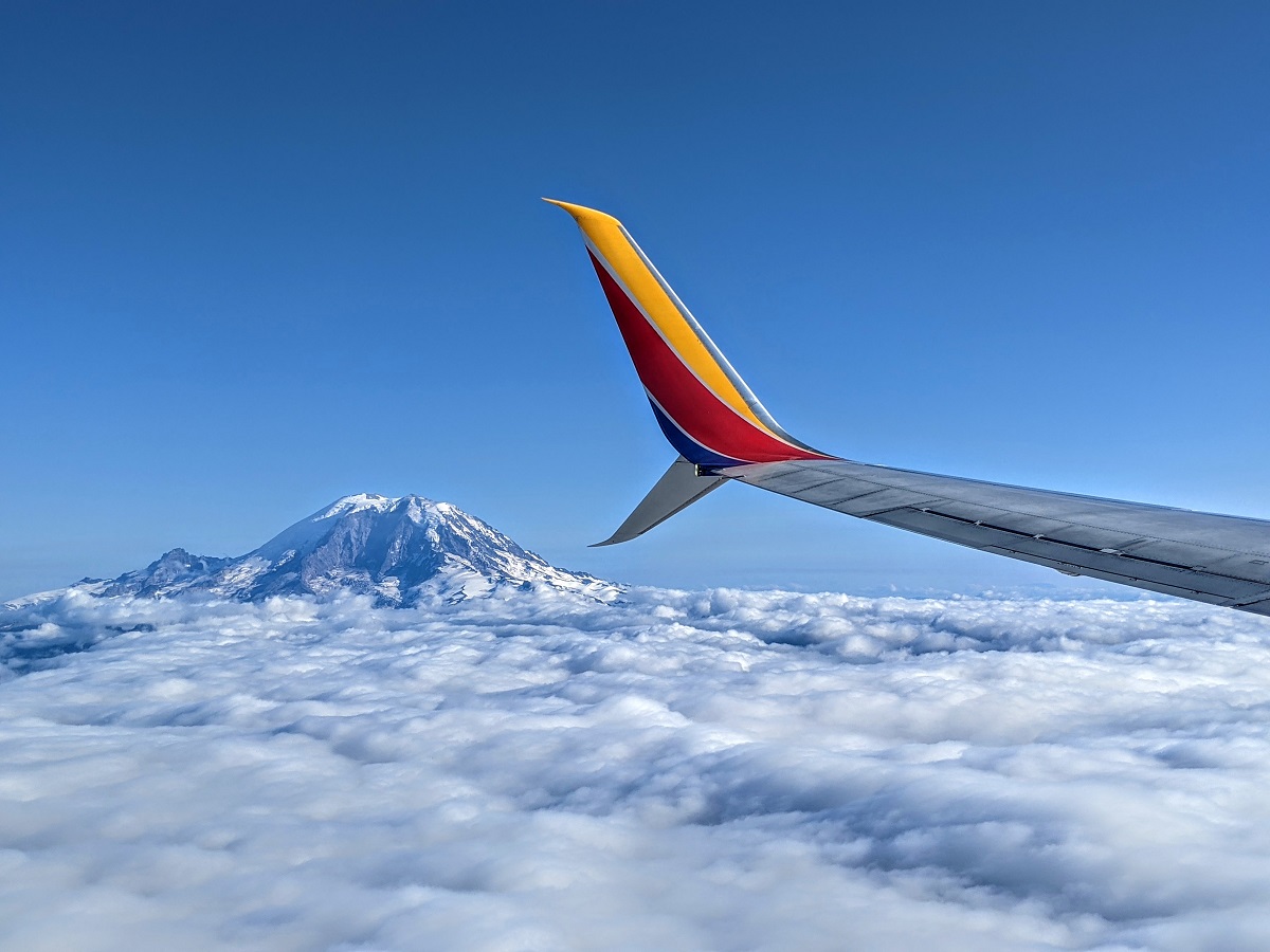 Southwest airplane Mt Rainier Wing Clouds