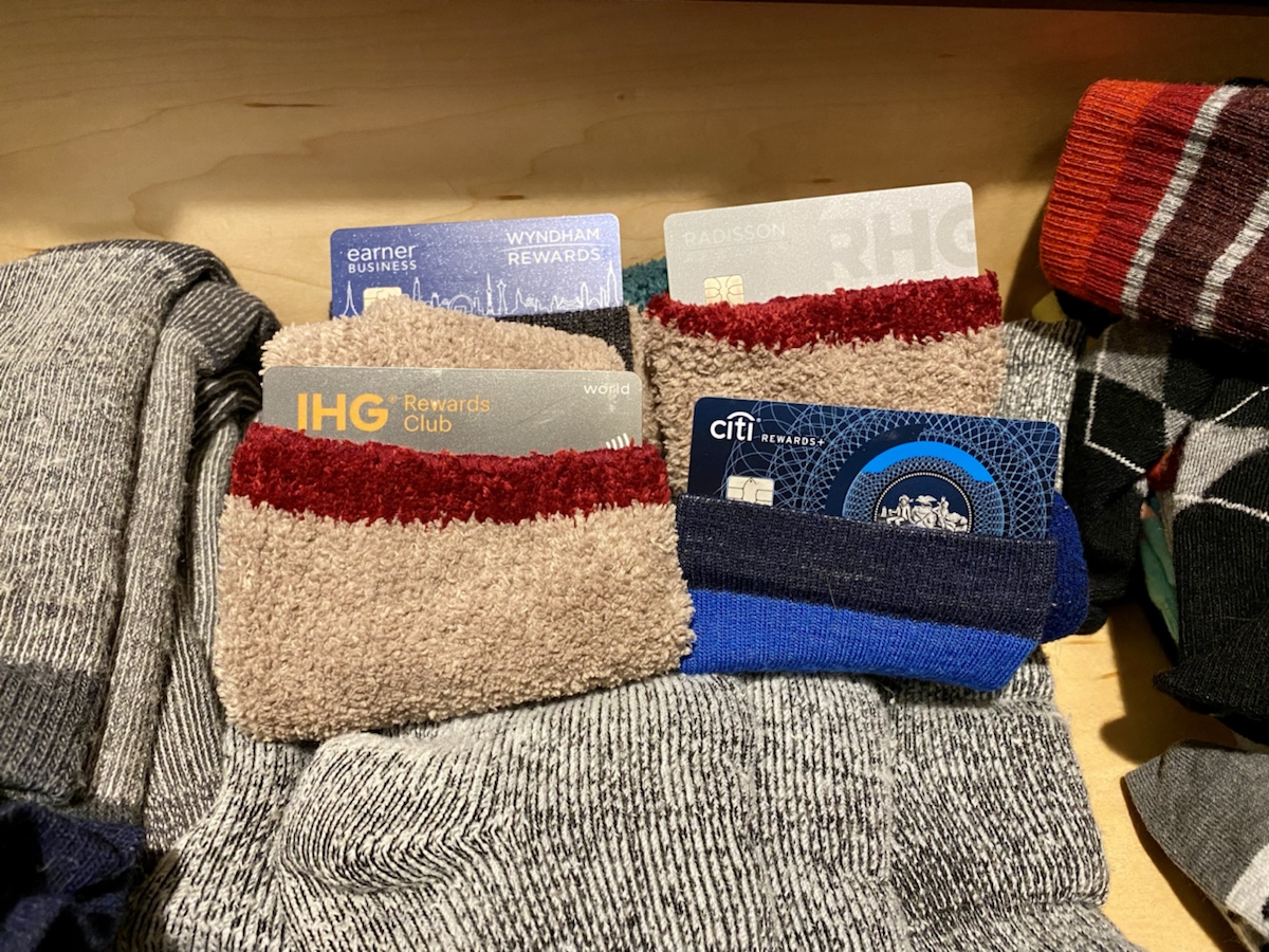 a group of socks with credit cards inside