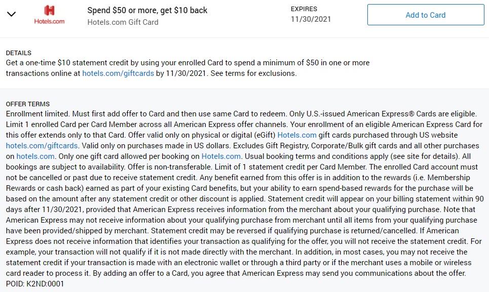 Hotelsdotcom Gift Card Amex Offer Spend $50 Get $10
