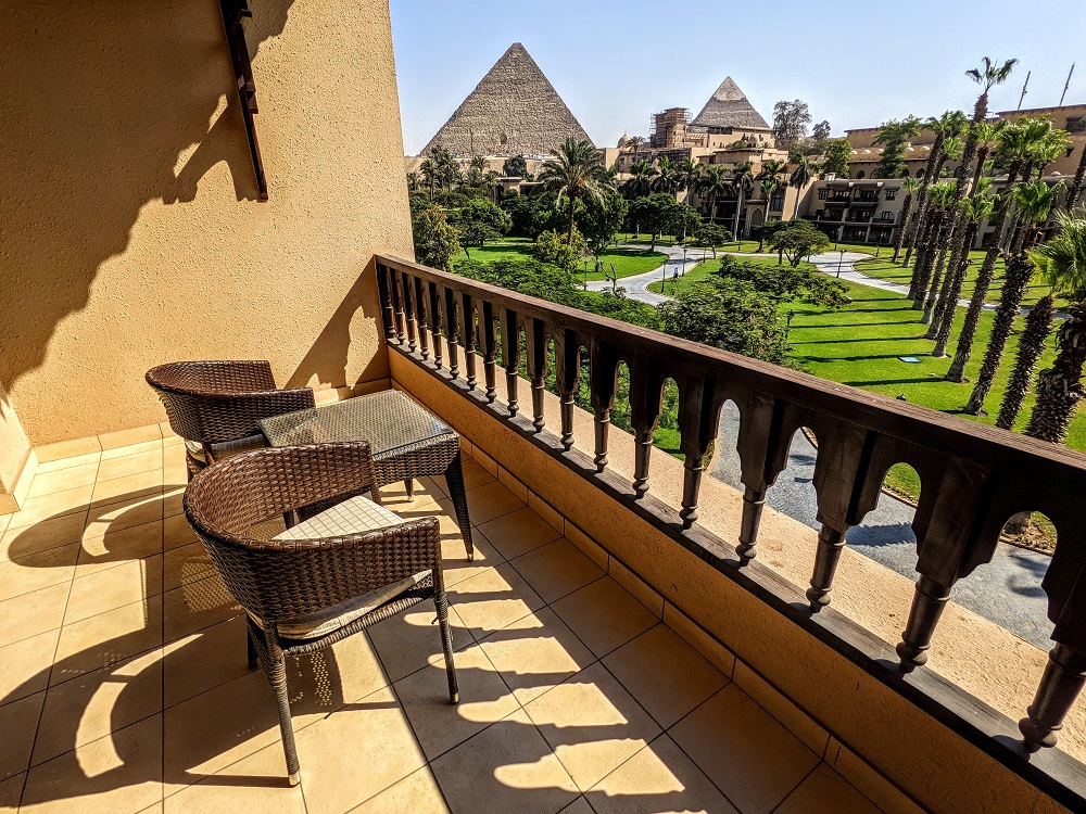 View of the Pyramids of Giza from our balcony