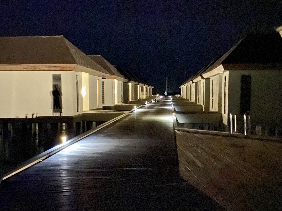 a row of houses on a dock at night