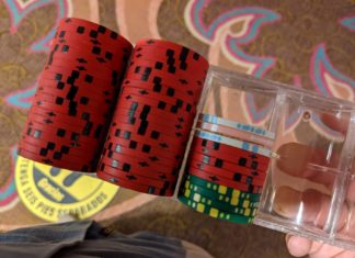 a hand holding a plastic case with poker chips