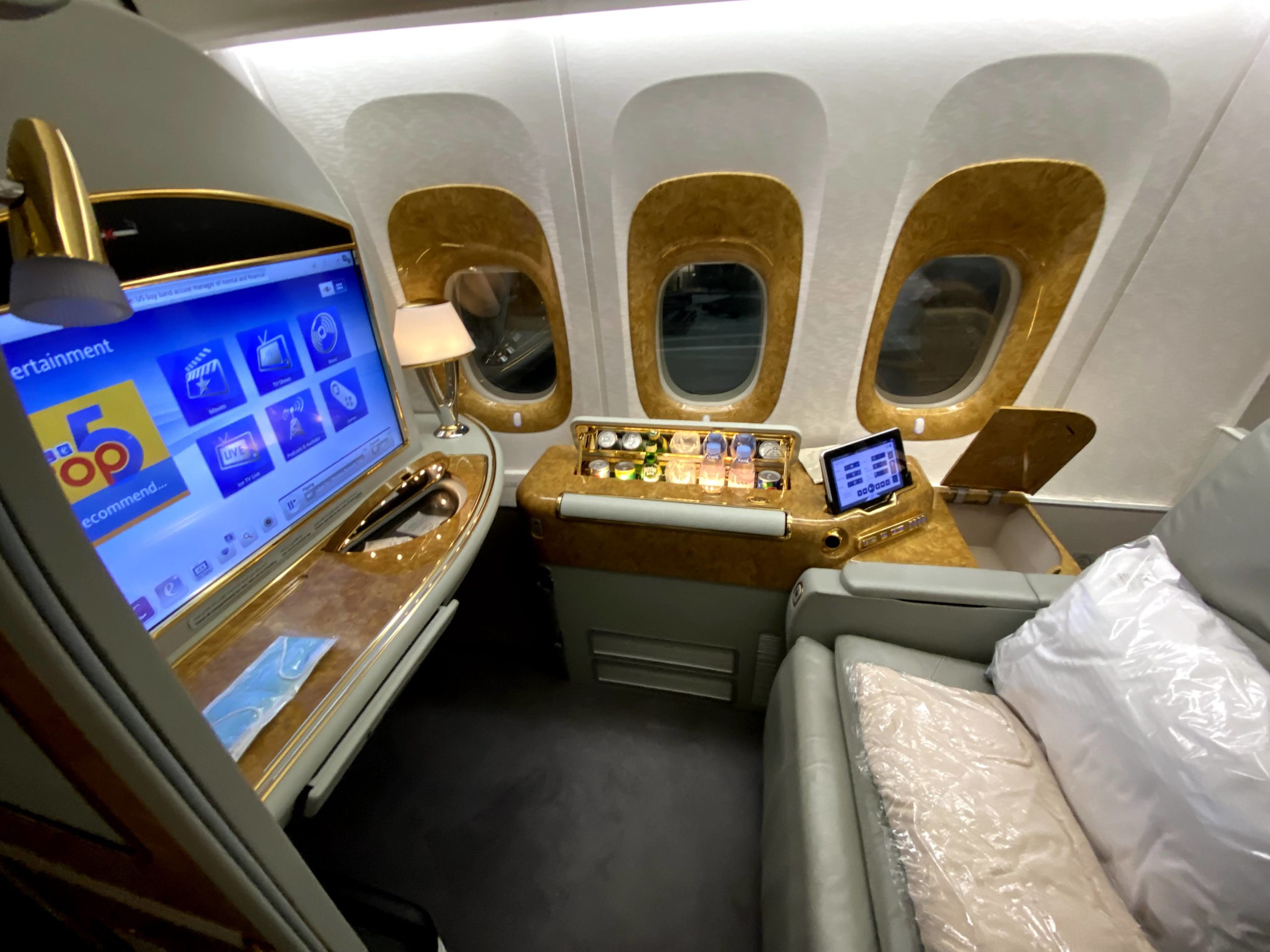 a room with a tv and a bed in the middle of the airplane