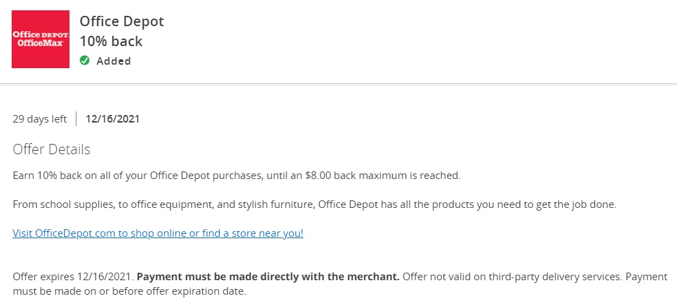 Office Depot OfficeMax Chase Offer 10% Back $80 Spend 12.16.21