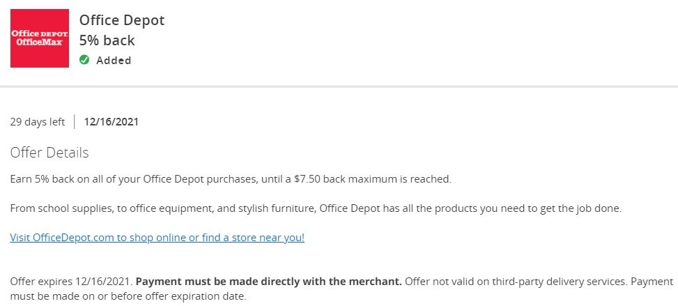 Office Depot OfficeMax Chase Offer 5% Back $150 Spend 12.16.21