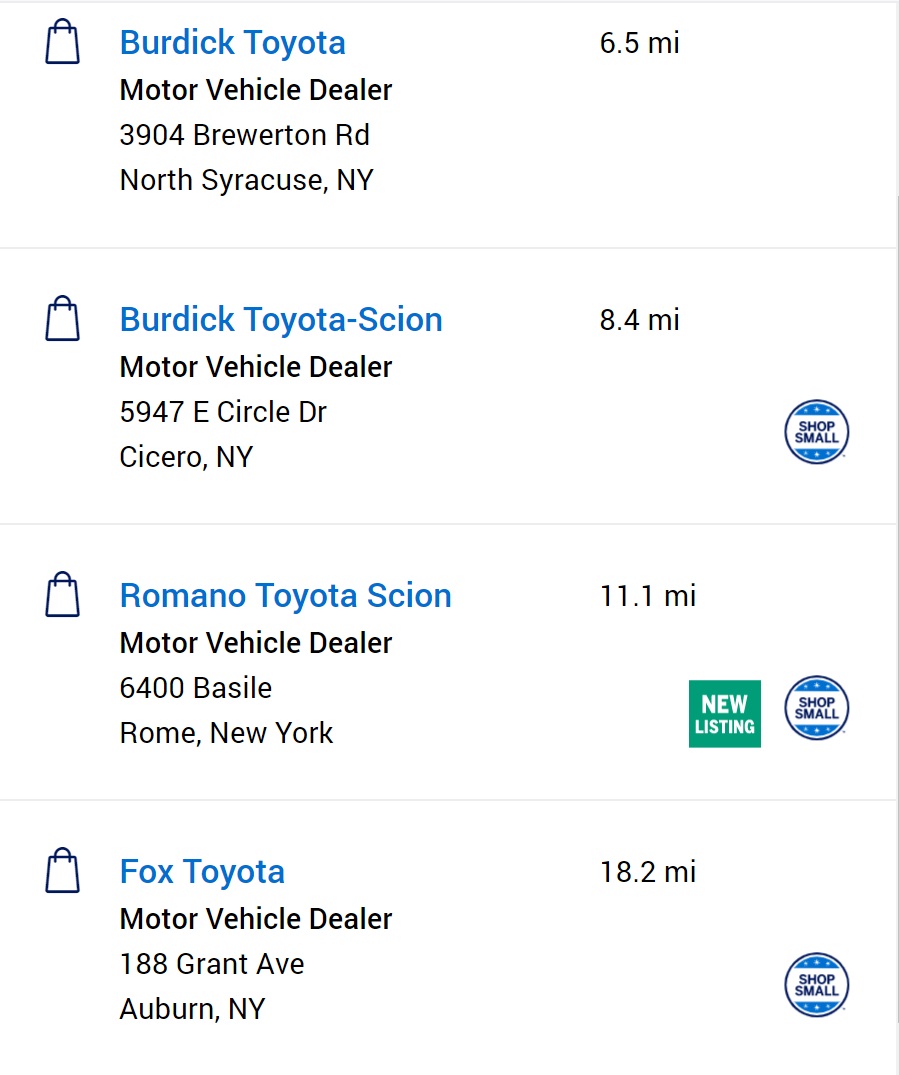 Example dealerships that code as Shop Small or not