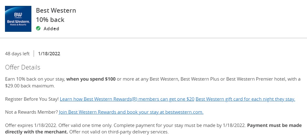 Best Western Chase Offer 10% Back $290 Spend