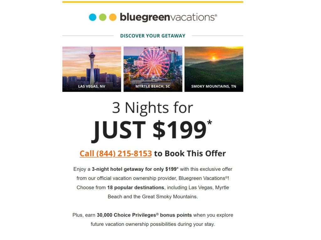 3 nights + 30K Choice points for 199 with Bluegreen Vacations