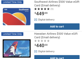 Sam's Club Southwest Airlines Hawaiian Airlines discounted gift cards