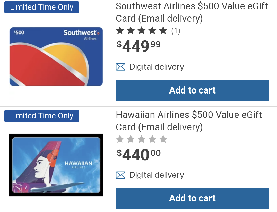 Sam's Club Southwest Airlines Hawaiian Airlines discounted gift cards