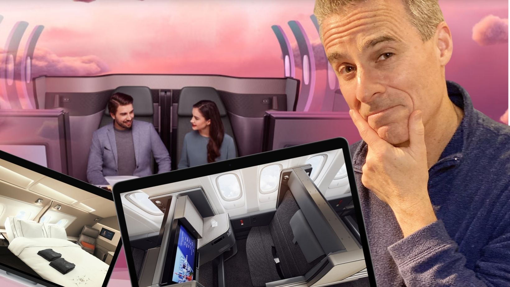 a man holding his chin and a tablet in front of a man sitting in a plane