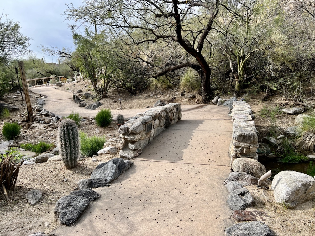 a stone bridge with cactus and rocks in a desert