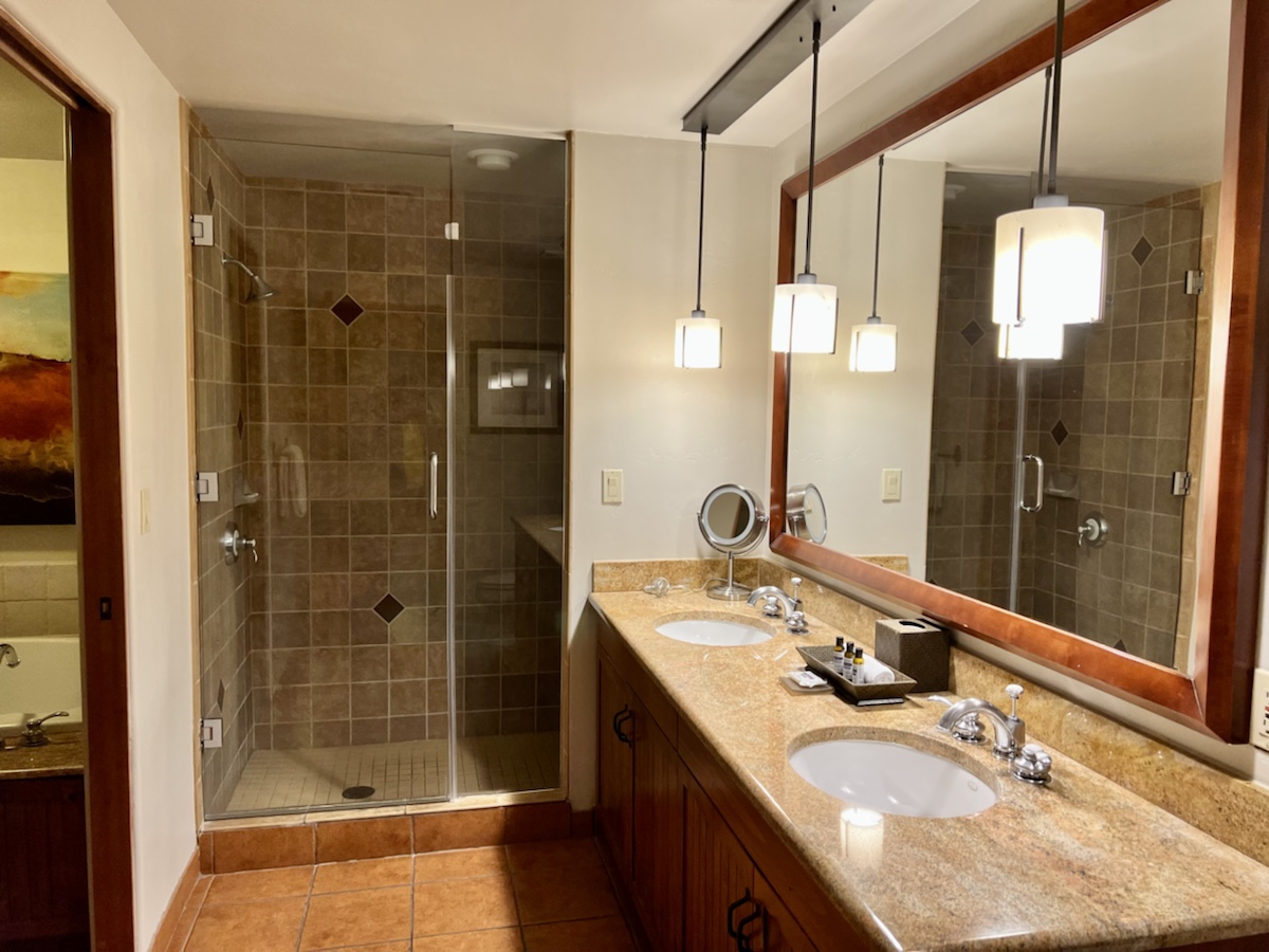 a bathroom with a large mirror and a shower