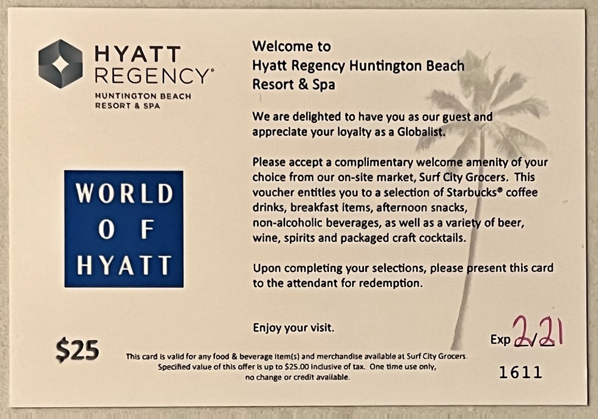 Hyatt Regency Huntington Beach Globalist Welcome Amenity: $25 food and bev
