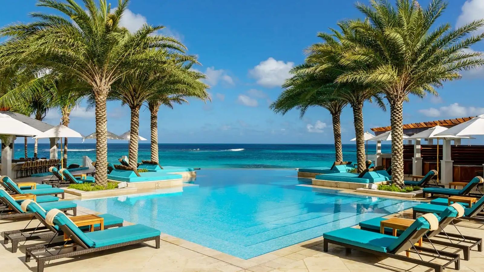 a pool with lounge chairs and palm trees
