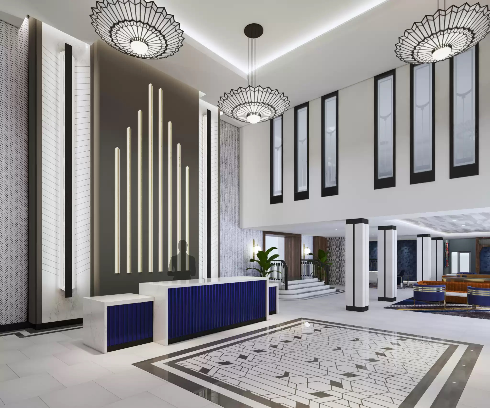 a lobby with a blue and white reception desk