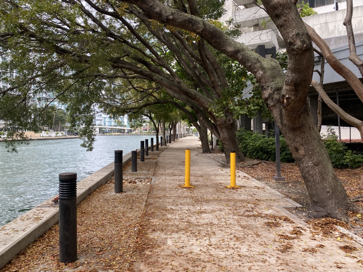a sidewalk with yellow poles and trees next to a body of water
