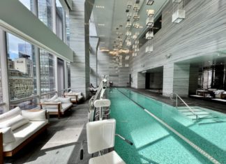 a swimming pool inside a building