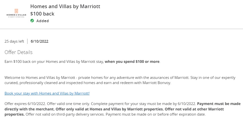 Marriott Homes & Villas Chase Offer Spend $100 Get $100
