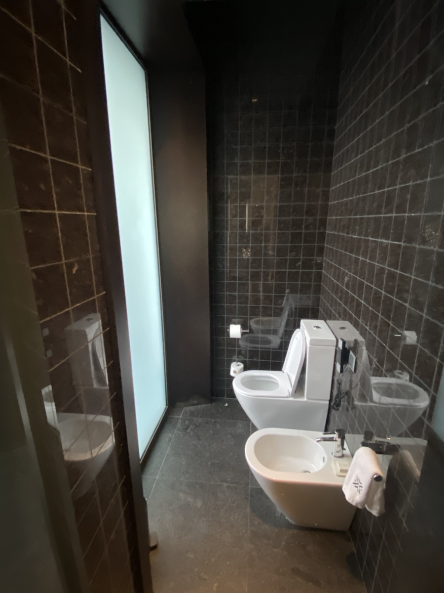 a bathroom with a toilet and bidet