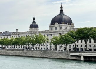 a building with a black dome and trees by a river