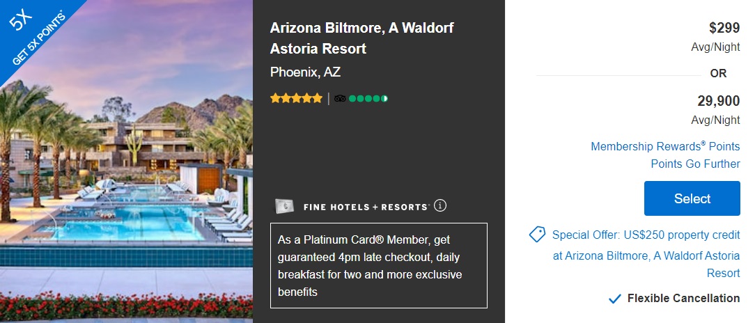 Arizona Biltmore Waldorf Astoria Hilton $250 credit