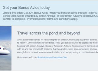 Chase Ultimate Rewards British Airways Avios 30% Transfer Bonus