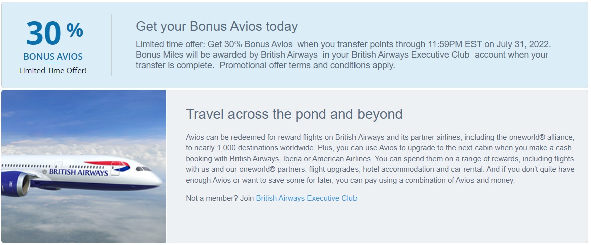 Chase Ultimate Rewards British Airways Avios 30% Transfer Bonus