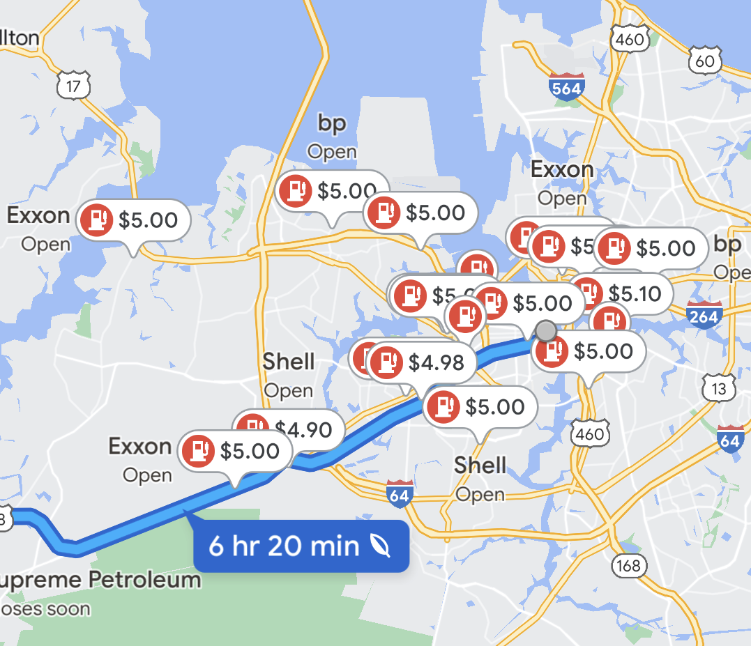 Gas station prices along route on Google Maps