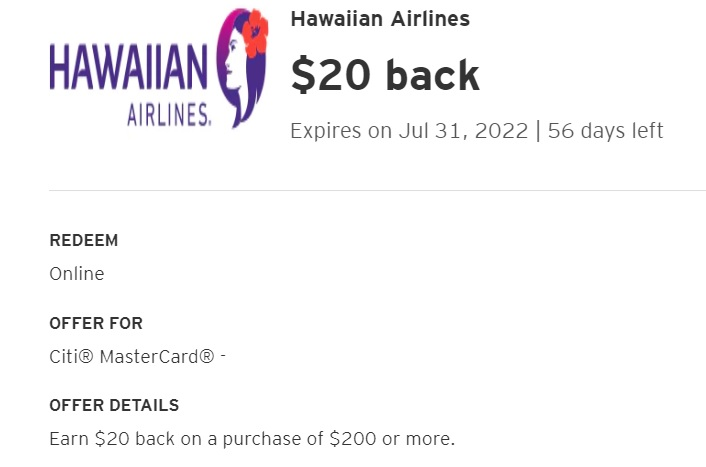 Hawaiian Airlines Citi Merchant Offer