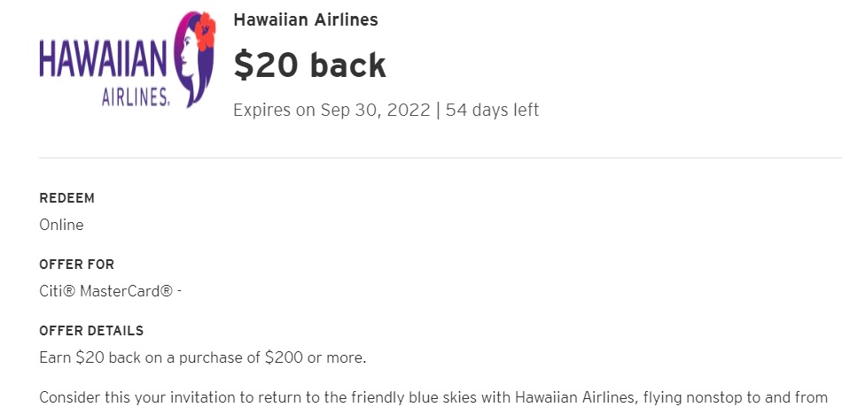Hawaiian Airlines Citi Offer 09.30.22