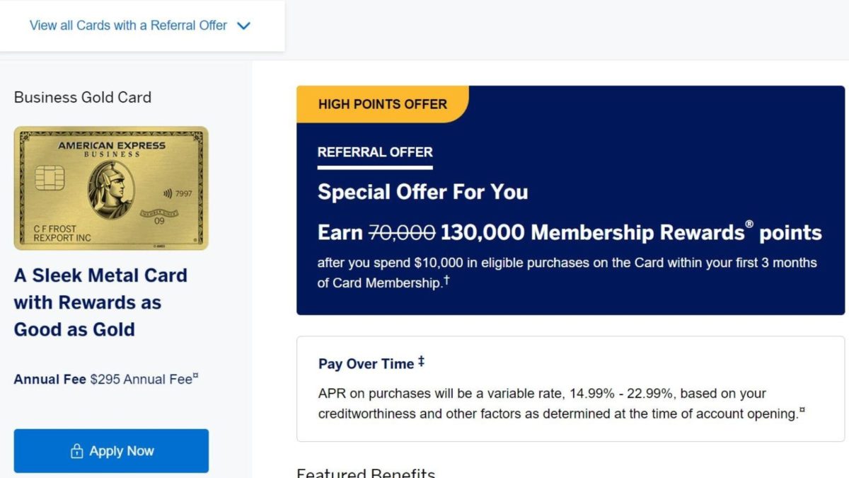 Amex Business Gold 130K Membership Rewards Offer (Back Again)