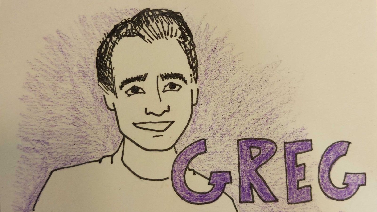 a drawing of a man with purple letters