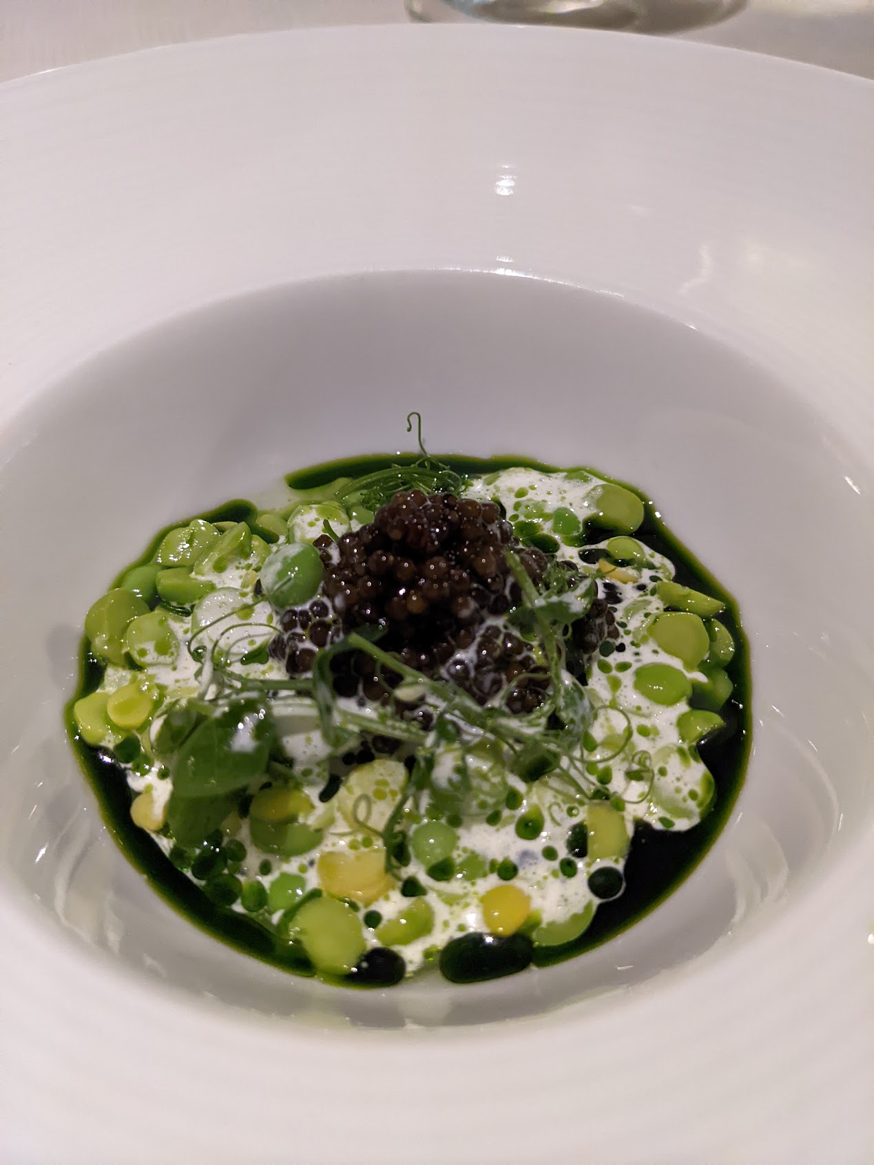 a bowl of food with black and green food
