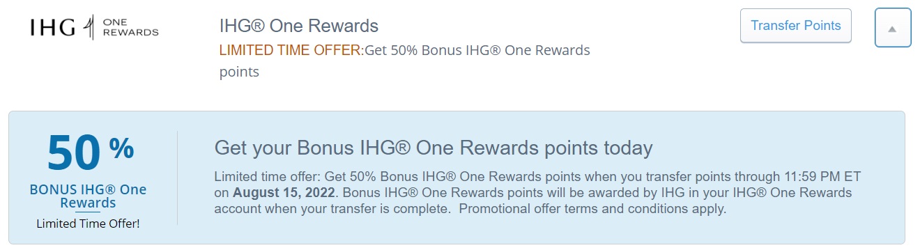 Chase Ultimate Rewards IHG One Rewards 50% Transfer Bonus