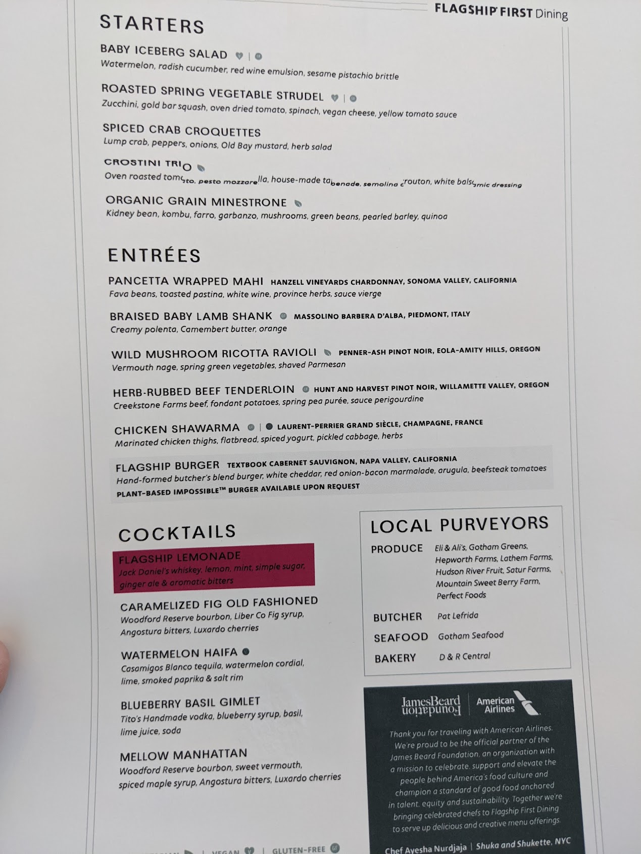 a menu with black text and red and white text