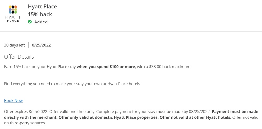 Hyatt Place Chase Offer 15% Back $253 Spend 08.25.22